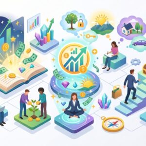 Изометрическая иллюстрация руководства по денежным аффирмациям в современном плоском стиле на белом фоне